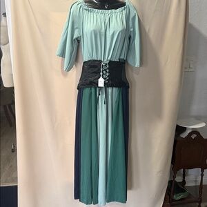Renaissance Green/blue Colorblock Maxi Dress with Corset Waist